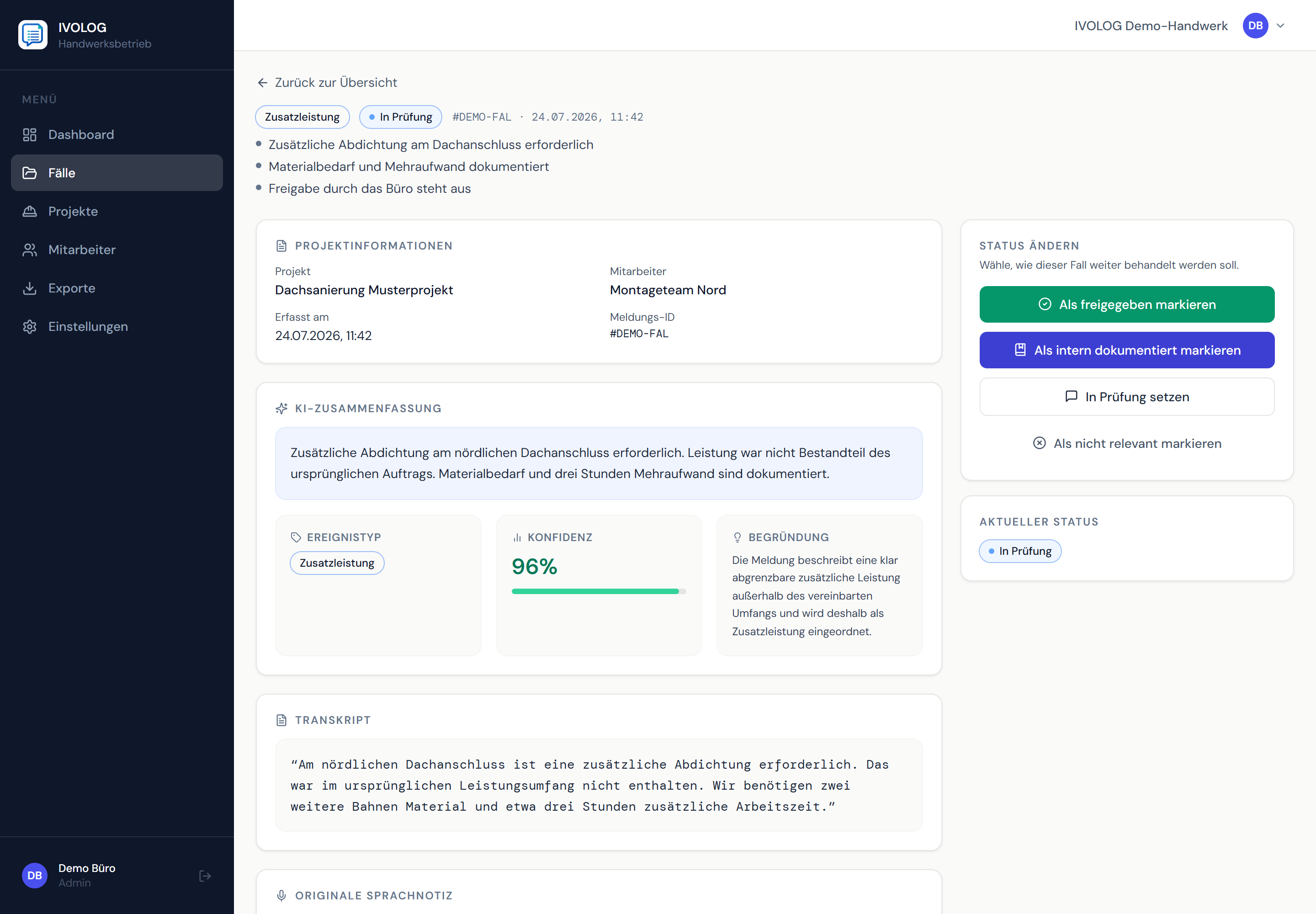 IVOLOG Falldetail mit KI-Zusammenfassung und anonymisierten Demo-Daten